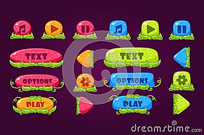 Colorful set of various buttons for computer game or mobile app. Play, pause, sound, options, board for menu. Place for Vector Illustration