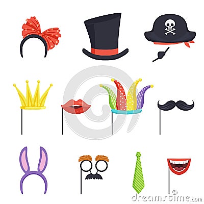 Colorful set with various carnival accessories. Hoop with bow and bunny ears, tie, cardboard crown, lips, mustache Vector Illustration