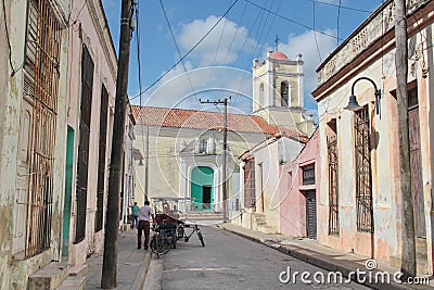 Colorful colonial houses in the streets of the old charming town of Camaguey, Cuba UNESCO Heritage Editorial Stock Photo