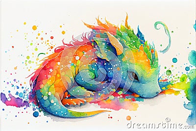 Colorful colourful baby sleeping dragon animal watercolor illustration Cartoon Illustration