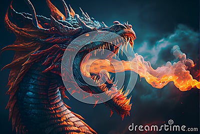 Colorful colourful Chinese magical ghost spirit style dragon roaring breathing fire Stock Photo