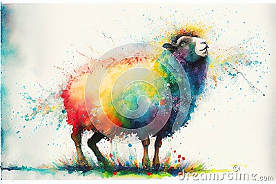 Colorful colourful fluffy ewe sheep animal watercolor illustration Cartoon Illustration