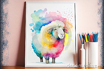 Colorful colourful fluffy ewe sheep animal watercolor illustration Cartoon Illustration