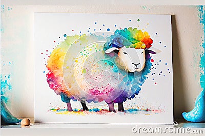 Colorful colourful fluffy ewe sheep animal watercolor illustration Cartoon Illustration