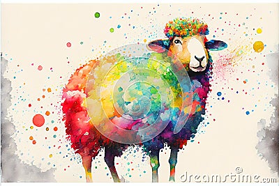 Colorful colourful fluffy ewe sheep animal watercolor illustration Cartoon Illustration