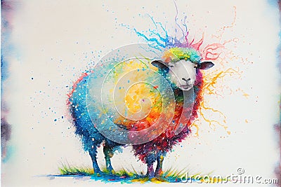 Colorful colourful fluffy ewe sheep animal watercolor illustration Cartoon Illustration