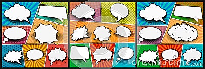 Colorful comic book background.Blank white speech bubbles of different shapes. Rays, radial, halftone, dotted effects. Vector Cartoon Illustration