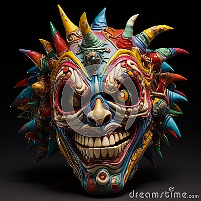 Colorful Comic Book Mask With Horns And Spikes Cartoon Illustration