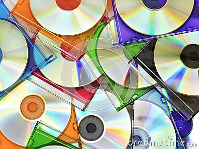 Colorful compact discs in boxes stacked in a pile as background Stock Photo