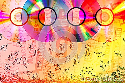 Colorful compact disks on Ð° abstract background with falling notes Stock Photo