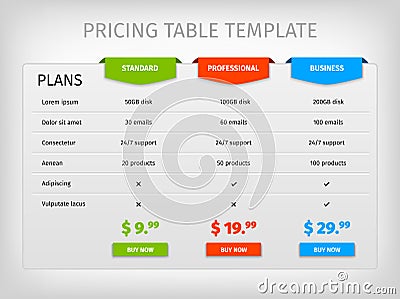 Colorful comparison pricing table template Vector Illustration