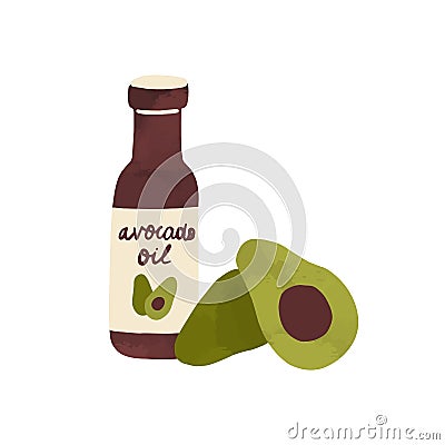 Colorful composition with avocado oil bottle and sliced vegetable. Healthy organic food ingredient isolated on white Vector Illustration