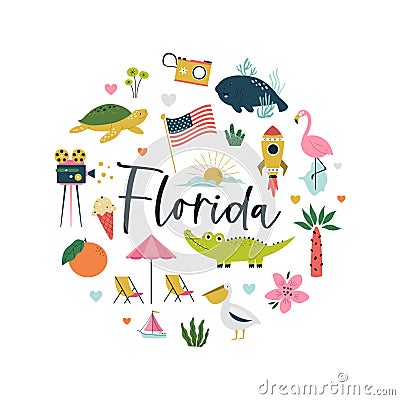 Colorful composition, circle design with famous symbols, animals of Florida state, USA. Vector Illustration