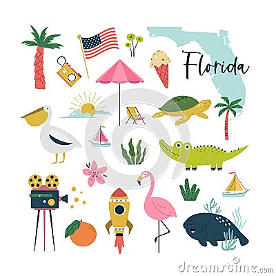 Colorful composition, circle design with famous symbols, animals of Florida state, USA. Vector Illustration