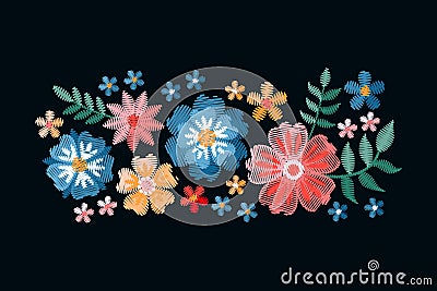 Colorful composition with embroidered summer flowers. Imitation of satin stitch. Vector illustration Vector Illustration