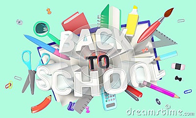 Colorful composition with school related objects and Back-to-School text Stock Photo