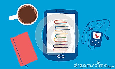 Colorful composition of tablet, music player, notebook and cup of coffee Vector Illustration