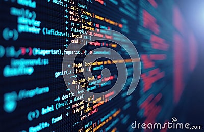 Colorful computer code displays digital innovation. Dynamic coding symbols highlight modern tech trends. Low code platform Stock Photo
