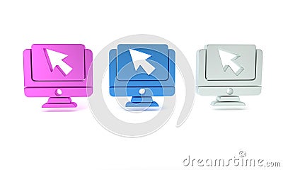 Colorful Computer monitor and cursor icon isolated on white background. Computer notebook with empty screen sign Cartoon Illustration