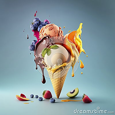 A colorful cone with ice cream and pieces of fruit against a blue background, made with generative ai Stock Photo