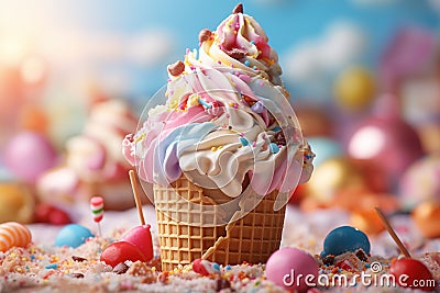 Colorful Cone Ice Cream with Sprinkle of Meses and Candies Looks Delicious Stock Photo