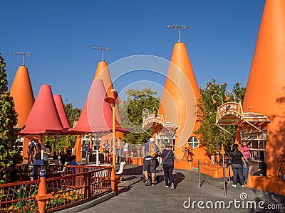 Colorful Cone kiosks in Carsland, Disney California Adventure Park Editorial Stock Photo