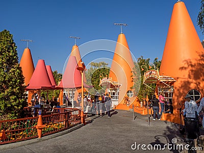 Colorful Cone kiosks in Carsland, Disney California Adventure Park Editorial Stock Photo