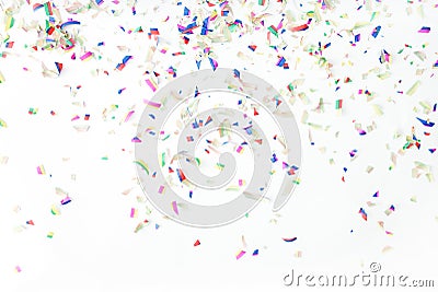 Colorful confetti on white background. Holiday or party background Stock Photo