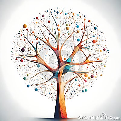 Colorful Connection: Vibrant Tree Logo with Interconnecting Spheres Cartoon Illustration