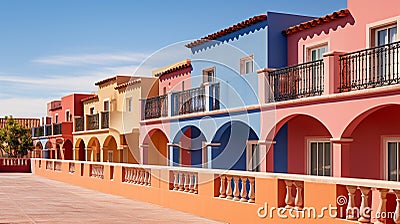 Colorful contemporary terraced houses under blue skies Stock Photo