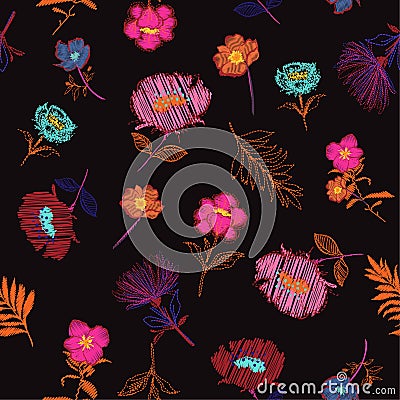 Colorful contrast Seamless pattern Vector Embroidery trend flora Stock Photo