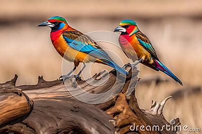 Colorful coracias caudatus bird sitting on dry stump of dead tree Stock Photo