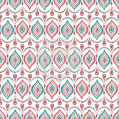 Colorful Coral and Aqua Handdrawn Lace Pattern with Diamonds and Dots. Classic Elegant Vector Seamless Background Vector Illustration