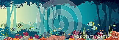 Coral reef, fish, underwater cave, sea, panoramic ocean. Vector Illustration