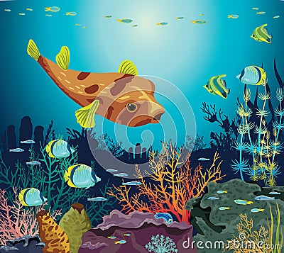 Colorful coral reef with silhouette of fishes and underwater creatures on a blue sea background. Vector seascape illustration. Cartoon Illustration