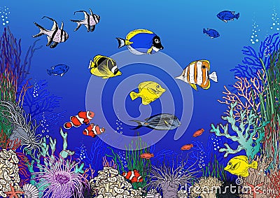 Colorful coral reef with tropical fishes. Vector Illustration