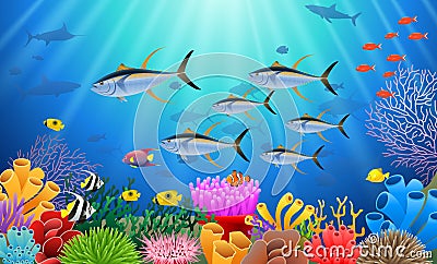 Colorful coral reef with tuna fish and stone Vector Illustration