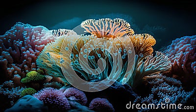 Colorful corals on a dark background. 3D illustration. Cartoon Illustration