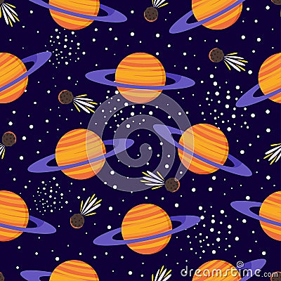 Colorful cosmos seamless pattern. Cute planets in space background with stars, asteroids. Childish cartoon design Vector Illustration