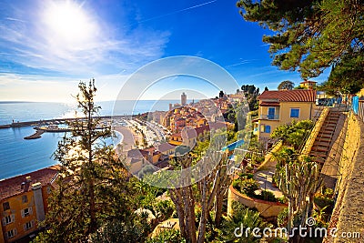 Colorful Cote d Azur town of Menton waterfront architecture view Stock Photo
