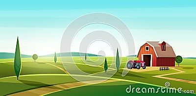 Colorful countryside landscape with a barn and tractor on the hill. Rural location. Cartoon modern vector illustration Vector Illustration