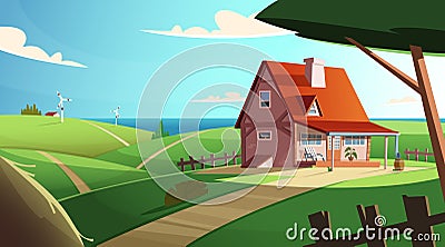 Colorful countryside landscape with a beautiful village house. Rural location. Cartoon modern vector illustration Vector Illustration