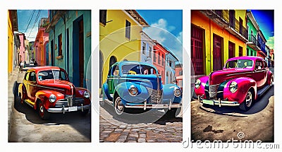 Colorful Coupe car on the streets. Multicolor old building. modern canvas wall poster Stock Photo