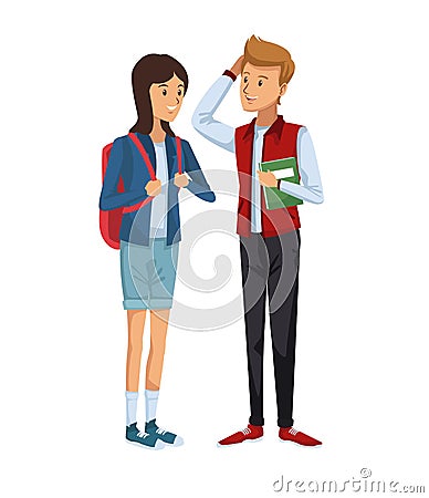 Colorful couple students standing of girl in shorts and briefcase with blonded boy with hairstyle in fashion style Vector Illustration