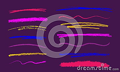 Colorful crayon or charcoal underlines for kids drawing. Doodle lines with grunge pastel pencil texture. Hand drawn Vector Illustration