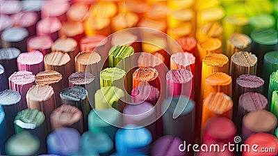 colorful crayons arranged in a mesmerizing circular pattern, each crayon pointing towards the center, against a pristine Stock Photo