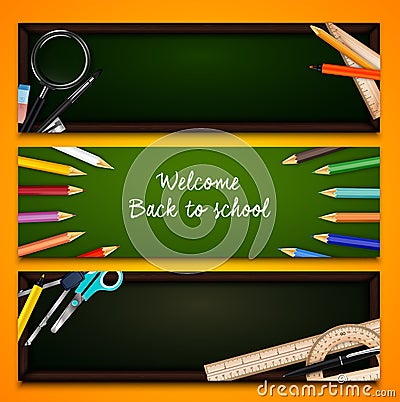 Colorful crayons and school supplies on chalkboard Vector Illustration