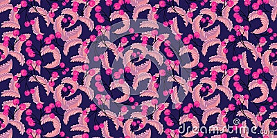 Colorful creative monogram and abstract branches berries seamless pattern. Ornament decorative dark patterned. Vector hand drawn. Vector Illustration