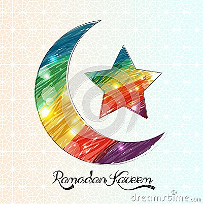 Colorful crescent moon and star on calligraphy background Vector Illustration