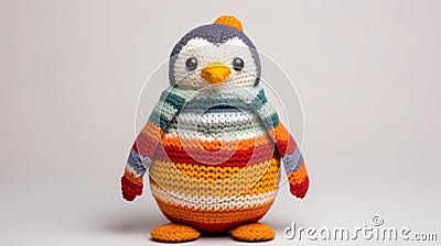 Colorful Crochet Penguin Toy With Knitted Scarf Stock Photo